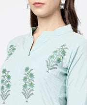 Green hand block printed 3/4th sleeve cottonkurta with block printed palazzo set