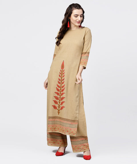 Mustard yellow 3//4th sleeve hand block printed kurta with hand block printed palazzo set