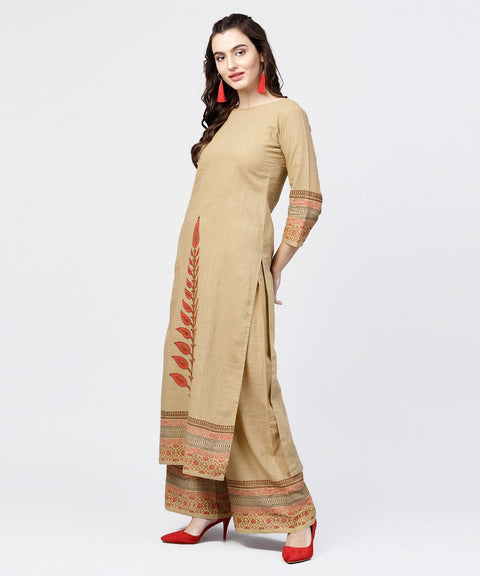 Mustard yellow 3//4th sleeve hand block printed kurta with hand block printed palazzo set