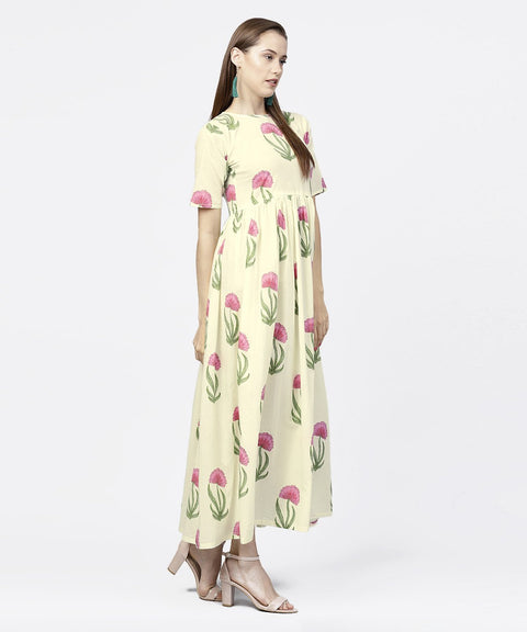 Off white floral printed half sleeve cotton maxi dress