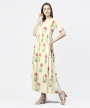 Off white floral printed half sleeve cotton maxi dress
