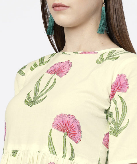 Off white floral printed half sleeve cotton maxi dress