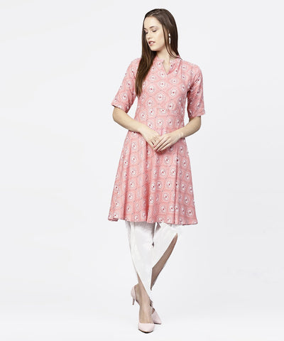 Peach printed half sleeve short anarkali kurta