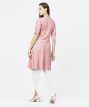 Peach printed half sleeve short anarkali kurta