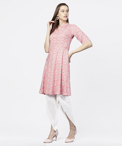Peach printed half sleeve short anarkali kurta