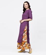 Solid Short- Round neck with a Slit 3/4th sleeved Kurta with Floral Printed Skirt Set