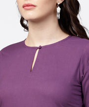 Solid Short- Round neck with a Slit 3/4th sleeved Kurta with Floral Printed Skirt Set