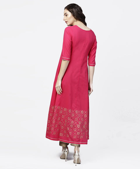 Solid Short Round neck with 3/4th sleeves Gold Hand- Block Printed Anarkali Kurta
