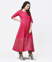 Solid Short Round neck with 3/4th sleeves Gold Hand- Block Printed Anarkali Kurta