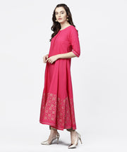 Solid Short Round neck with 3/4th sleeves Gold Hand- Block Printed Anarkali Kurta