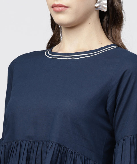 Solid Round Neck with Gathers and 3/4th Flared Sleeves Tunic