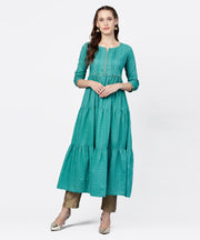 Printed Round Neck Three-tiered Flared Maxi Dress with pintucks and 3/4th sleeves