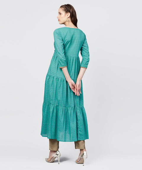 Printed Round Neck Three-tiered Flared Maxi Dress with pintucks and 3/4th sleeves