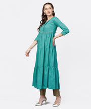 Printed Round Neck Three-tiered Flared Maxi Dress with pintucks and 3/4th sleeves