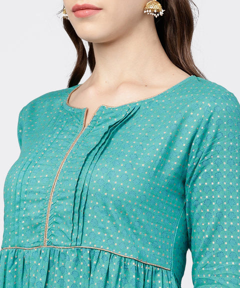 Printed Round Neck Three-tiered Flared Maxi Dress with pintucks and 3/4th sleeves