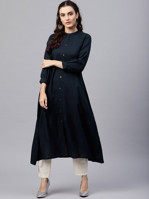Navy blue round neck A-line kurta with front placket and cuffed full sleeves