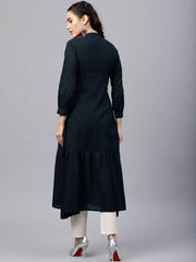 Navy blue round neck A-line kurta with front placket and cuffed full sleeves