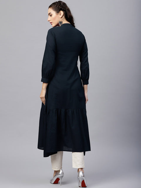 Navy blue round neck A-line kurta with front placket and cuffed full sleeves