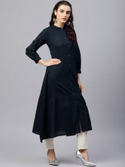 Navy blue round neck A-line kurta with front placket and cuffed full sleeves