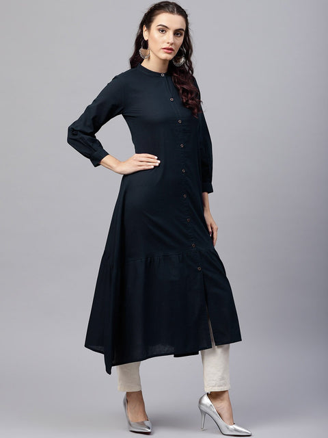 Navy blue round neck A-line kurta with front placket and cuffed full sleeves