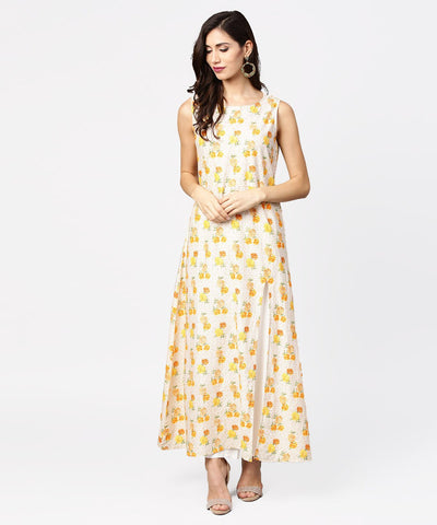 White printed A-line kurta with round neck