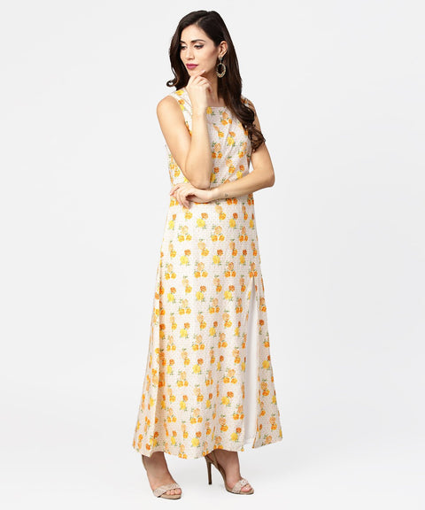 White printed A-line kurta with round neck