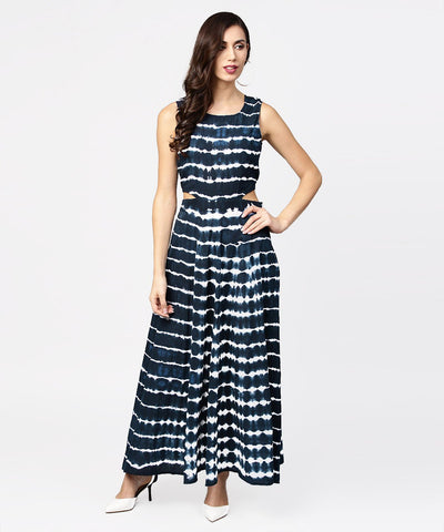 Navy blue dyed half sleeve cotton maxi dress