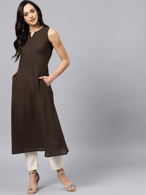 Dark brown Round neck with V-slit kurta