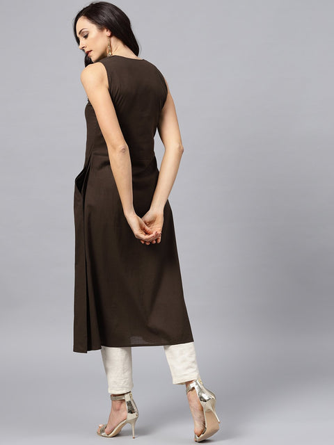 Dark brown Round neck with V-slit kurta
