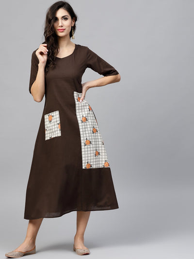 Dark brown A-line dress with front patch pockets and half sleeves