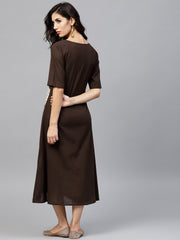 Dark brown A-line dress with front patch pockets and half sleeves