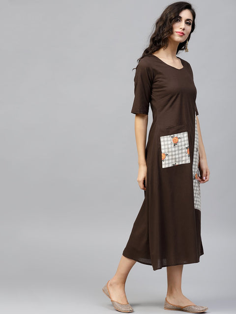 Dark brown A-line dress with front patch pockets and half sleeves