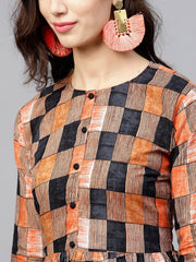 Multi colored  Round neck checked dress with front placket and 3/4 sleeves
