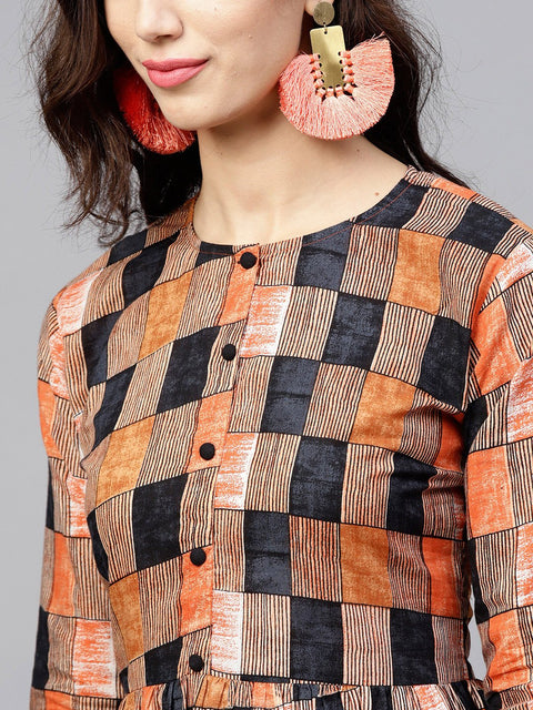 Multi colored  Round neck checked dress with front placket and 3/4 sleeves