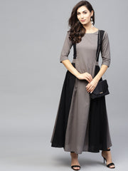 Grey and color blocking dress with Round neck and 3/4 sleeves