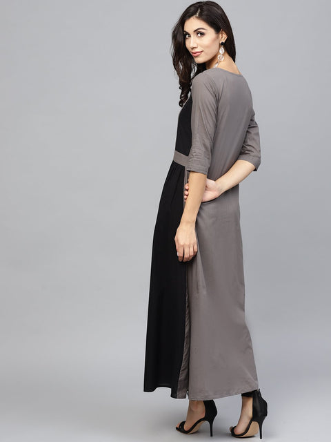 Grey and color blocking dress with Round neck and 3/4 sleeves