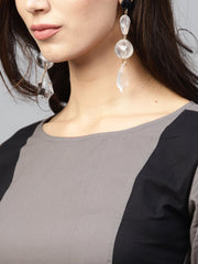 Grey and color blocking dress with Round neck and 3/4 sleeves