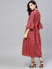 Red Checked Dress with Madarin collar and flared sleeves