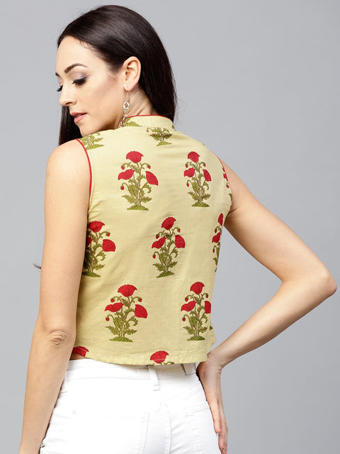 Pale yellow Printed Top with Madarin Collar