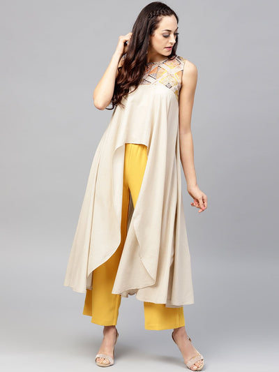 Beige asymmetric Sleeveless tunic with Round neck