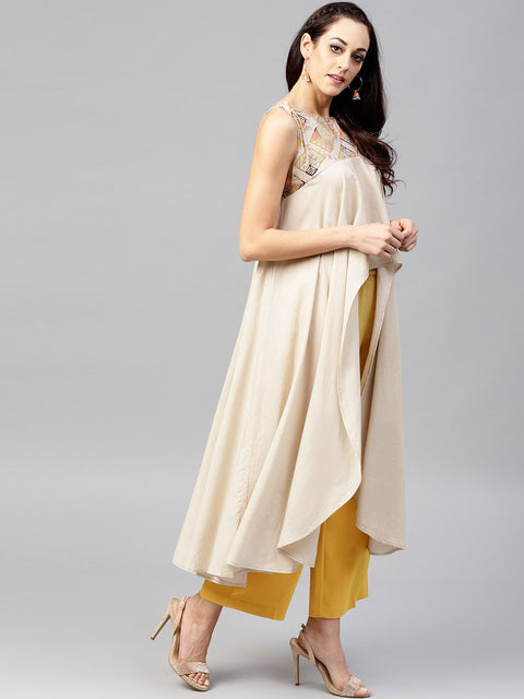 Beige asymmetric Sleeveless tunic with Round neck