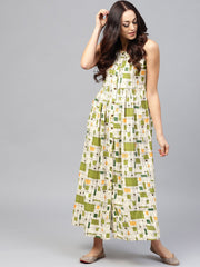 White printed sleeveless dress with front placket and Round neck