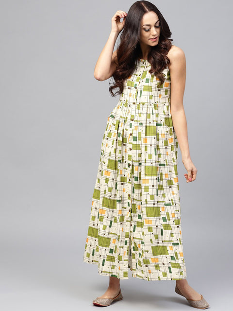 White printed sleeveless dress with front placket and Round neck