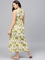 White printed sleeveless dress with front placket and Round neck