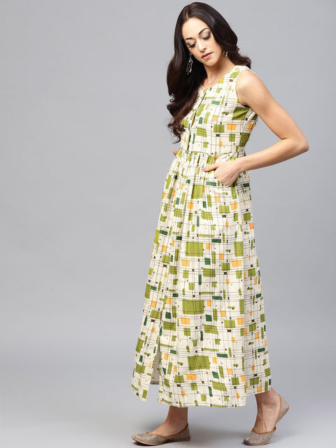 White printed sleeveless dress with front placket and Round neck