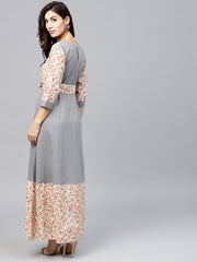 Grey A-line dress with Round neck and 3/4 sleeves