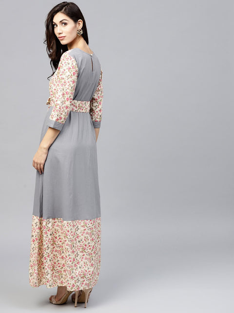 Grey A-line dress with Round neck and 3/4 sleeves