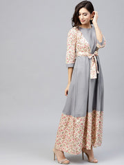 Grey A-line dress with Round neck and 3/4 sleeves