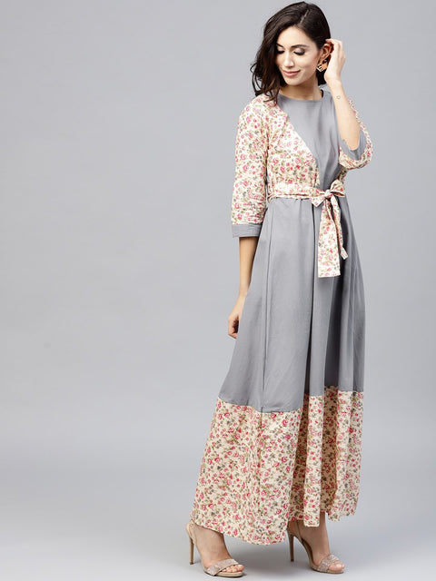 Grey A-line dress with Round neck and 3/4 sleeves