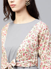 Grey A-line dress with Round neck and 3/4 sleeves